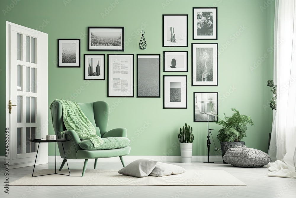 Monochromatic flat room with one chair, no plants, and a mock up room with double frames gallery wall in light green. Generative AI Monochromatic flat room with one chair, no plants, and a mock up room with double frames gallery wall in light green. Generative AI