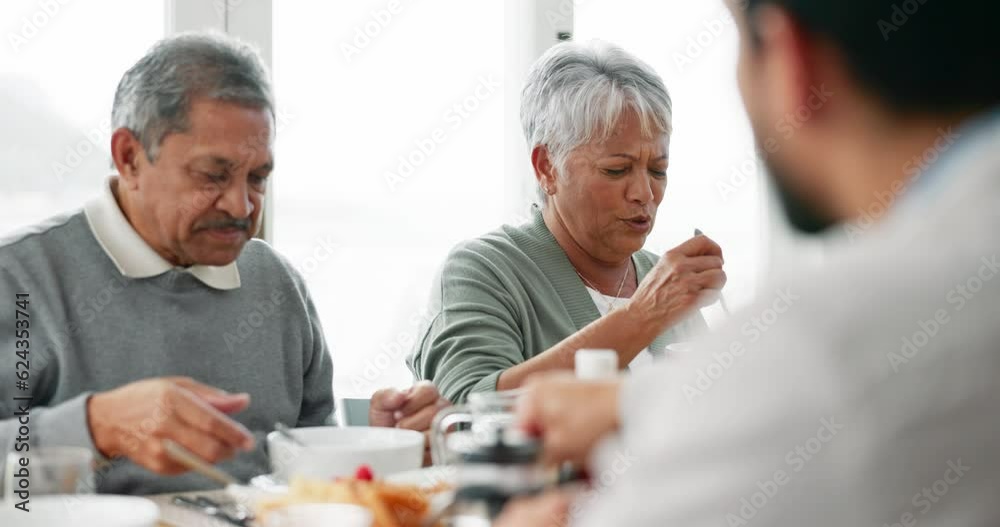 Breakfast, health and morning with family at table for food, retirement and happiness. Love, support and brunch with senior man and woman eating in dining room at home for nutrition and wellness Breakfast, health and morning with family at table for food, retirement and happiness. Love, support and brunch with senior man and woman eating in dining room at home for nutrition and wellness