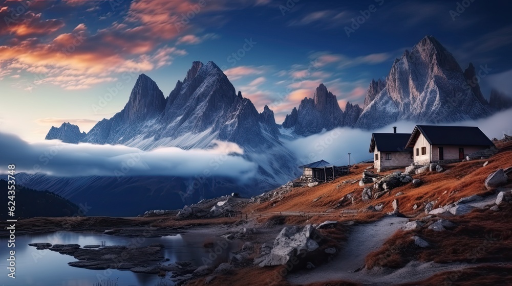 Mountains in fog with beautiful houses and churches at night in autumn. rocky terrain Blue sky with moon. Rocky peaks in Tre Cime clouds in the Dolomites, Italy. Alps at sunset in autumn.