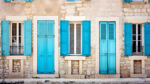 The beautiful mediterranean seaside village house. Aqua Sea Blue window Shutters and door photo