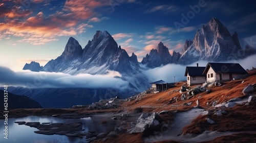 Mountains in fog with beautiful houses and churches at night in autumn. rocky terrain Blue sky with moon. Rocky peaks in Tre Cime clouds in the Dolomites, Italy. Alps at sunset in autumn.