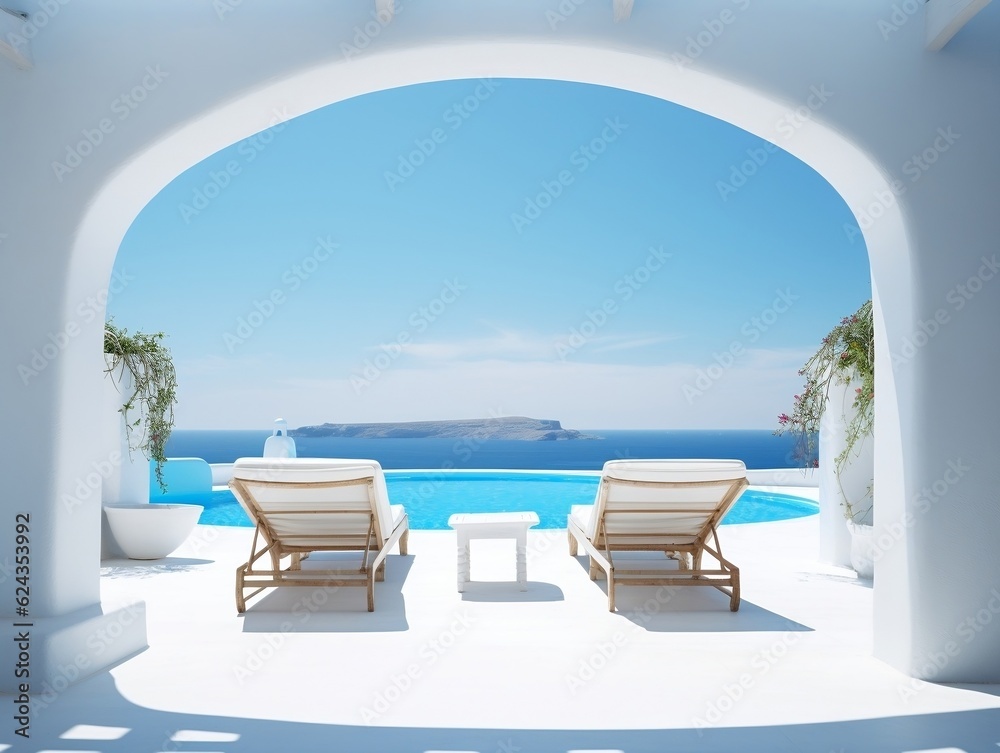 Two sunbeds on the white terrace with an arch under blue clear sky generative ai