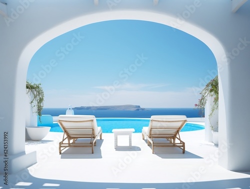 Two sunbeds on the white terrace with an arch under blue clear sky generative ai © tanjidvect