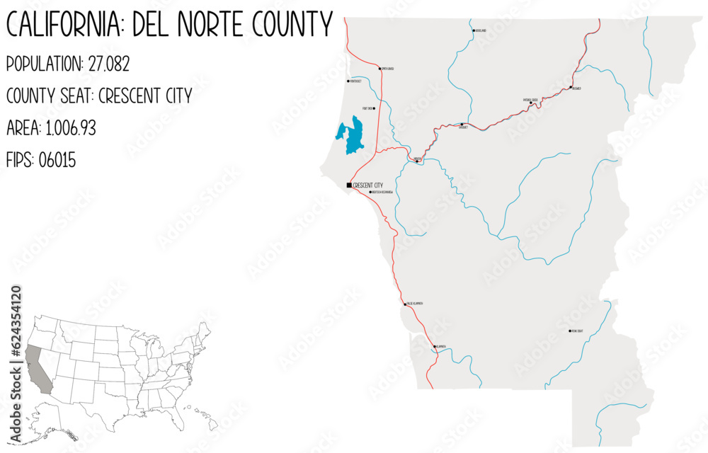 Obraz premium Large and detailed map of Del Norte County in California, USA.