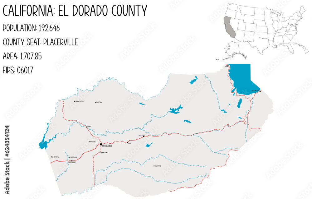 Large and detailed map of El Dorado County in California, USA.