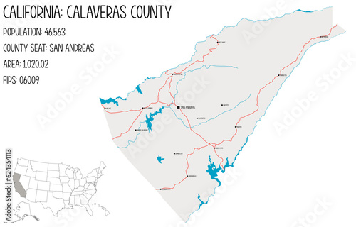 Large and detailed map of Calaveras County in California, USA. photo