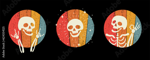 Comic style set of three artworks with skeletons showing different gestures in colorful circles on black background. Vector illustration, all object is isolated.