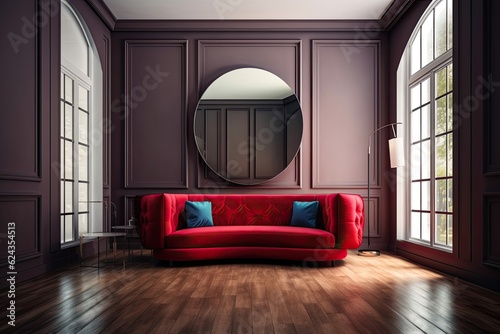 The room's walls and wood floor are accented by the crimson sofa in the center. Generative AI