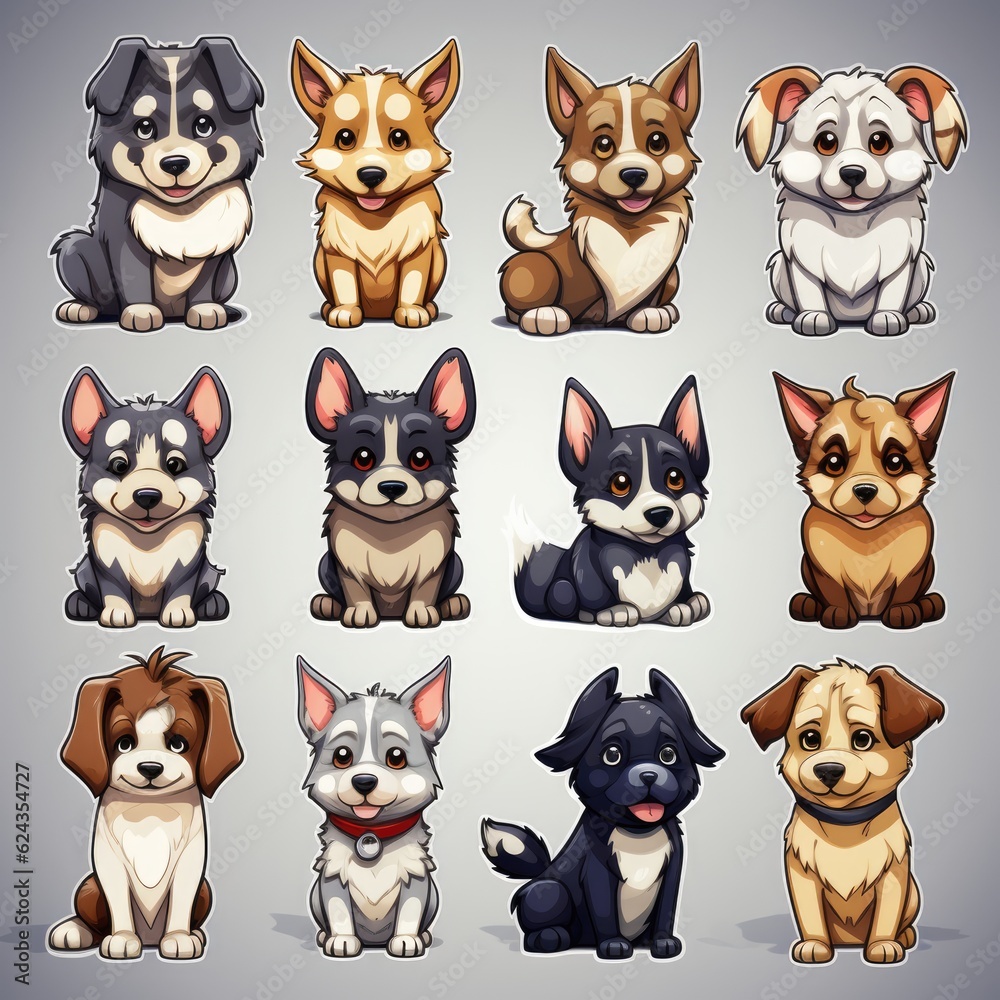 Set of cute cartoon dogs on gray background. Vector illustration of different breeds of dogs. Generative AI.