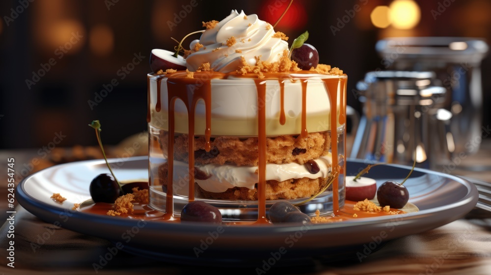 Classic tiramisu dessert with whipped cream, cherries and caramel. Generative AI.