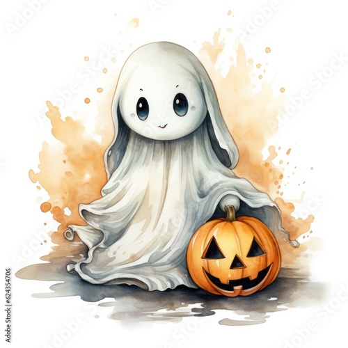
Cute ghost with pumpkin on a white background. Watercolor illustration.  Generative AI.
