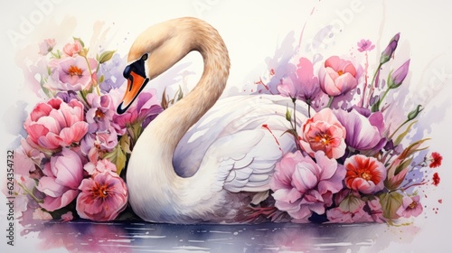 Fototapeta Naklejka Na Ścianę i Meble -  white swan with flowers on a white background watercolor illustration. Generative AI.