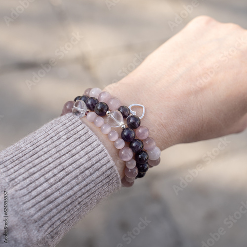 Gemstone beaded bracelet. Energy crystals, healing stone jewelry. Handmade accessories.
Birthstone. Amethyst, cat eye, jade, mountain crystal.