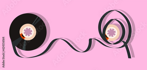 Cassette Tape, Audio Disc Reel, Black tape. Retro 70s 80s 90s nostalgia. Design for poster, background and text design