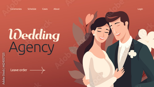 Marriage or wedding concept in flat vector design. Bride with flowers and groom just married illustration. Save the date web banner.