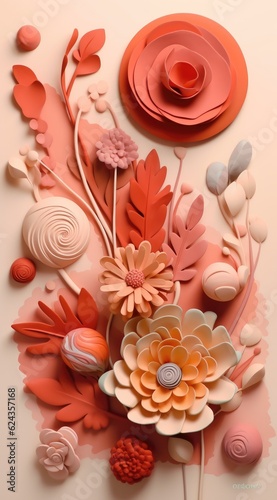 Various beautiful flowers arranged on a peachy background. Nature, spring, summer, romantic flat lay. AI generated image