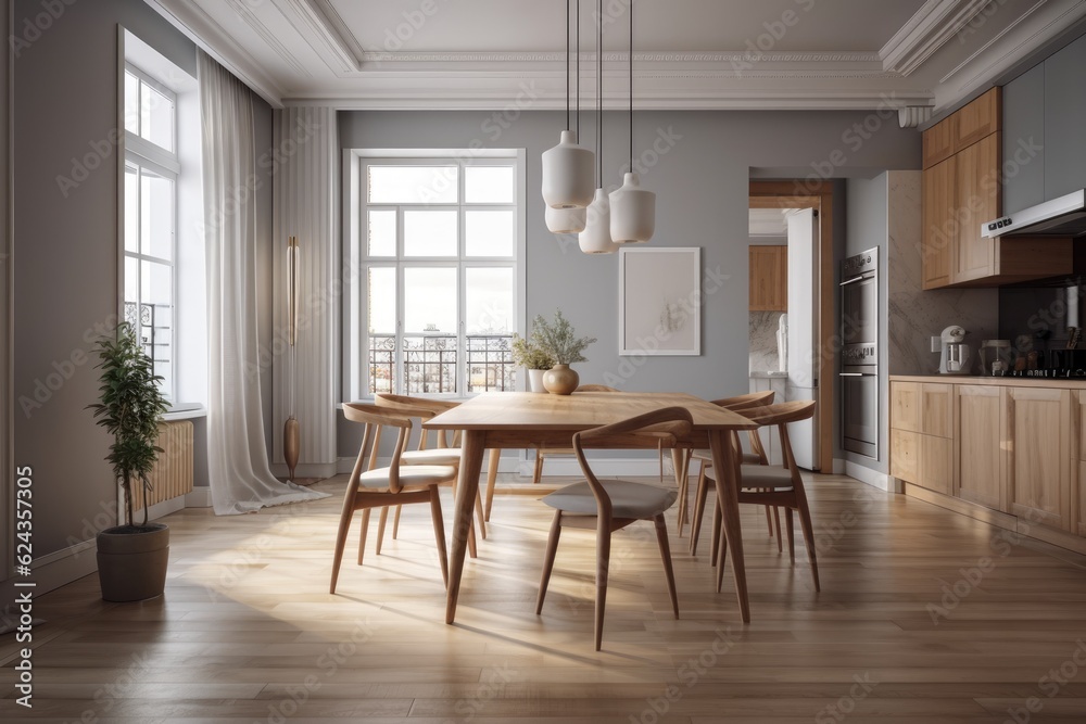 The dining room has a retro minimalist interior. Modern apartment with parquet flooring, arched walkways, and use of wood material and light gray cloth. Generative AI The dining room has a retro minimalist interior. Modern apartment with parquet flooring, arched walkways, and use of wood material and light gray cloth. Generative AI