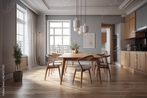 The dining room has a retro minimalist interior. Modern apartment with parquet flooring, arched walkways, and use of wood material and light gray cloth. Generative AI