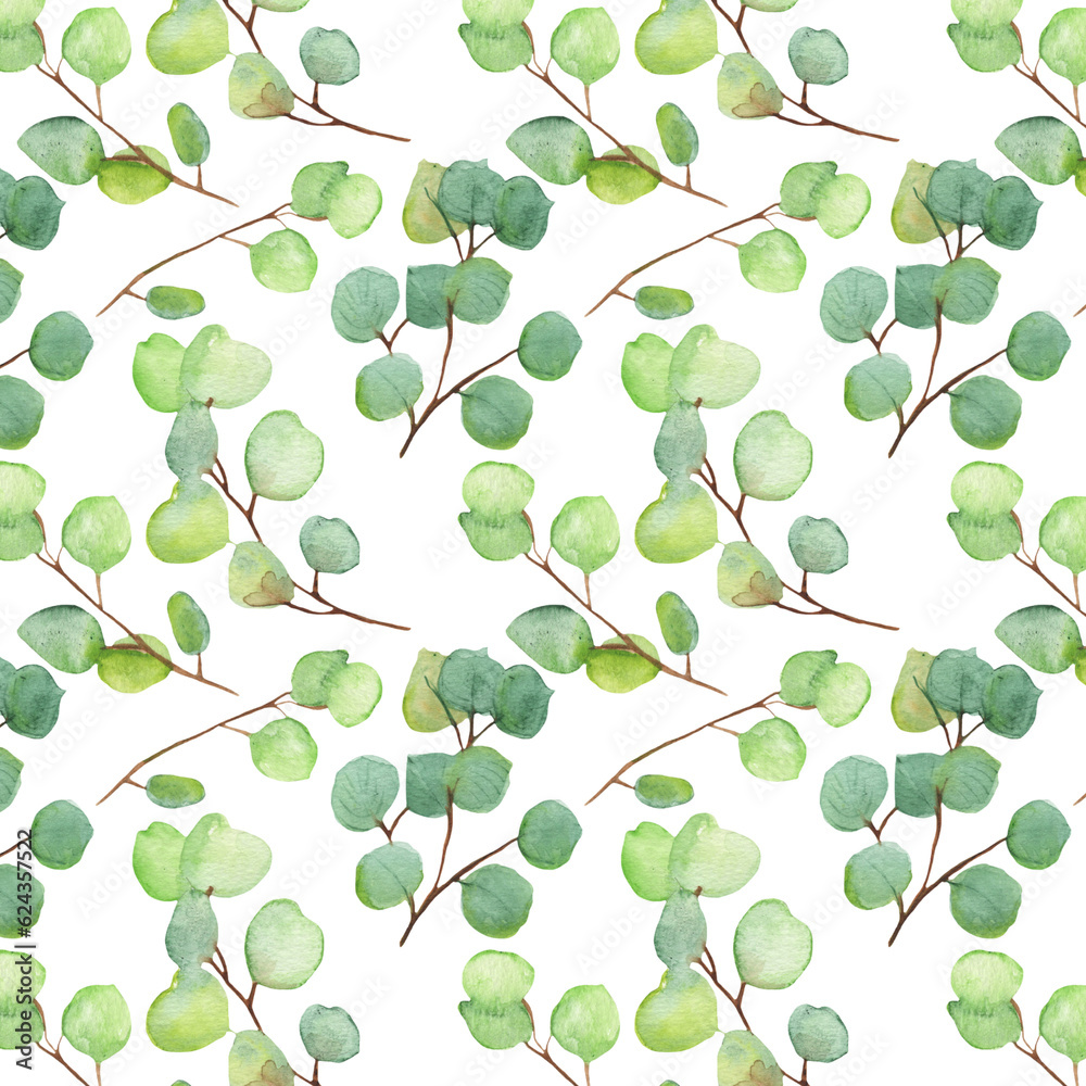 Seamless pattern green leaves trees and branches, foliage of natural branches, green leaves, herbs, tropical plants hand drawn watercolor on white background. Seamless pattern green leaves trees and branches, foliage of natural branches, green leaves, herbs, tropical plants hand drawn watercolor on white background.