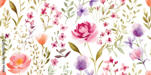 Colorful floral seamless pattern with flowers and green leaves in rustic provence style, watercolor illustration on ivory background for textile, wallpaper or wrapping paper