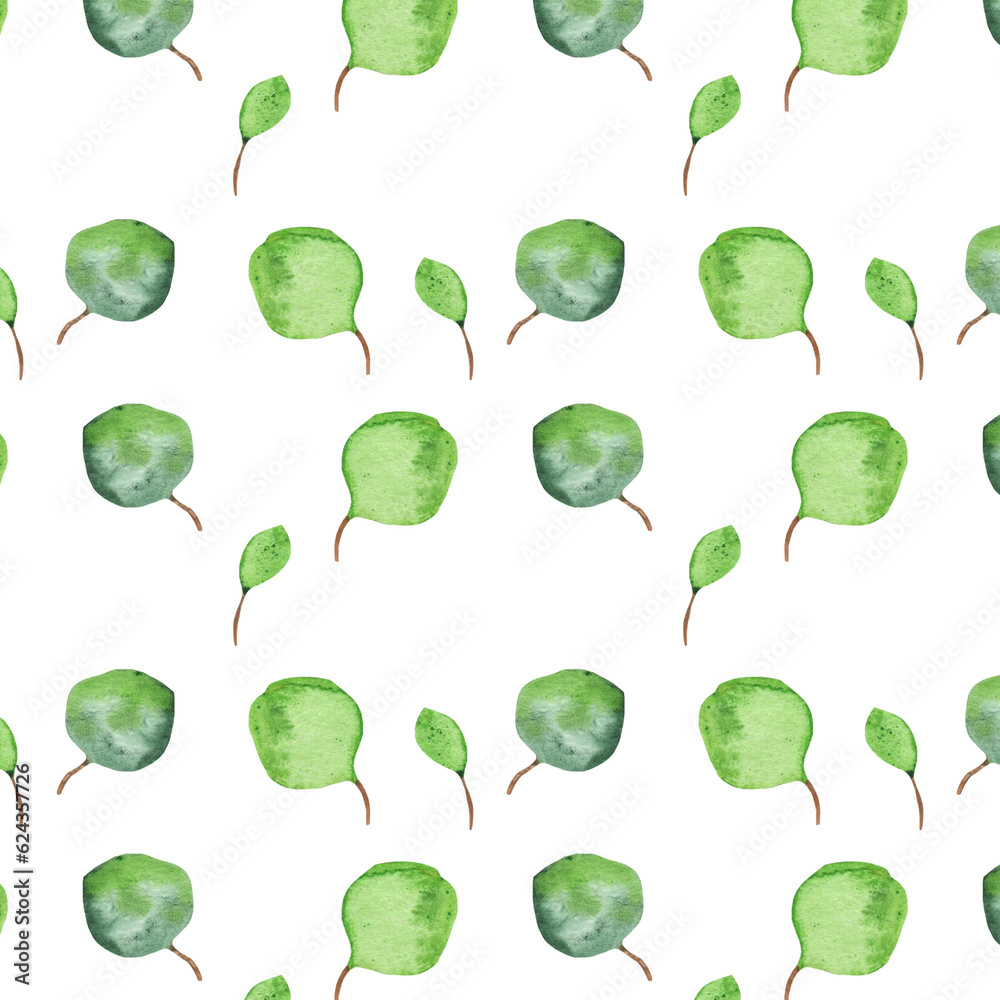 Seamless pattern green leaves trees and branches, foliage of natural branches, green leaves, herbs, tropical plants hand drawn watercolor on white background.