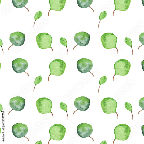 Seamless pattern green leaves trees and branches, foliage of natural branches, green leaves, herbs, tropical plants hand drawn watercolor on white background.
