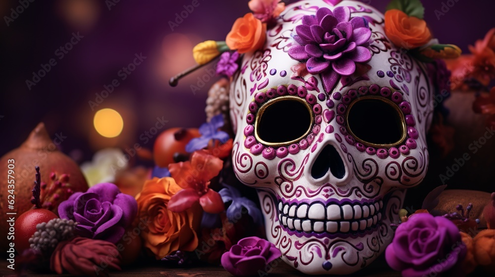 Sugar Skull (Calavera) to celebrate Mexico's Day of the Dead (Dia de Los Muertos), Generative AI