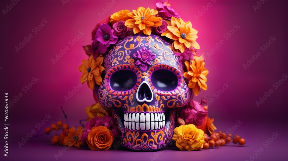 Sugar Skull (Calavera) to celebrate Mexico's Day of the Dead (Dia de Los Muertos), Generative AI