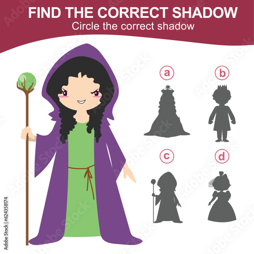 Find the correct shadow of the evil witch holding the magic wand. Matching shadow game for children with fairytale kingdom theme. Worksheet for kid. Educational printable worksheet in vector file.