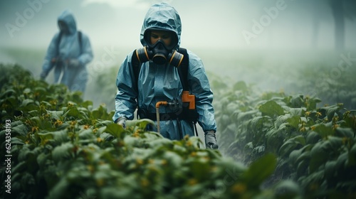Photo Person in a hazmat suit and gas mask standing in a wheat filed