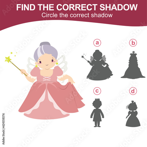 Find the correct shadow of the fairy godmother. Matching shadow game for children with fairytale kingdom theme. Worksheet for kid. Educational printable worksheet in vector file.