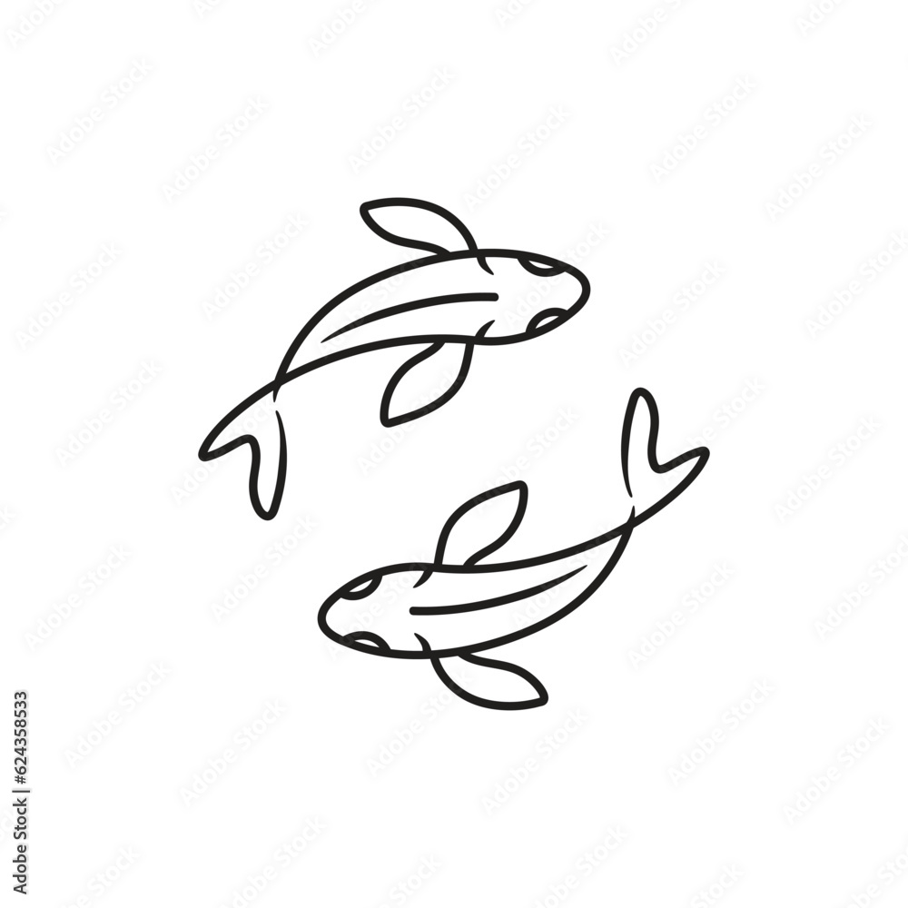 Cool Boho Fish Illustration. Bohemian logo with two fishes. Handdrawn aquatic flyer with pisces. Cool Boho Fish Illustration. Bohemian logo with two fishes. Handdrawn aquatic flyer with pisces.