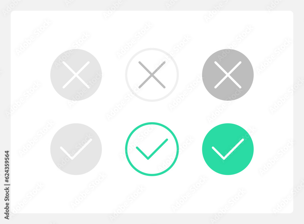 Agree and reject button states UI elements kit. Isolated vector components. Flat navigation menus and interface buttons template. Web design widget collection for mobile application with light theme Agree and reject button states UI elements kit. Isolated vector components. Flat navigation menus and interface buttons template. Web design widget collection for mobile application with light theme