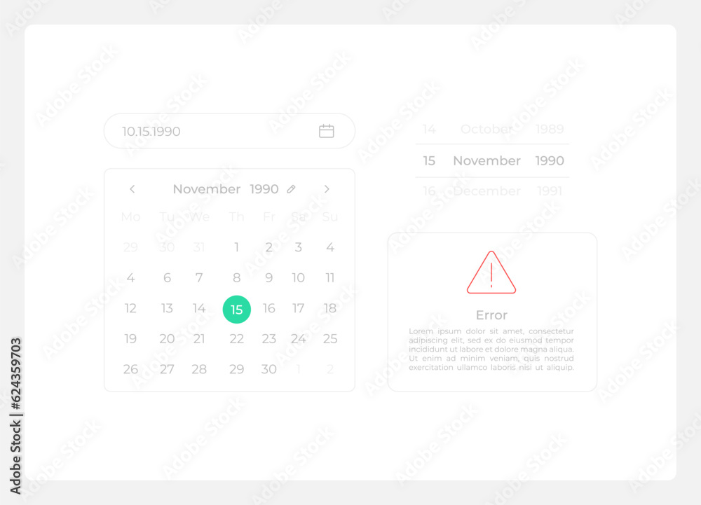 Choosing calendar date UI elements kit. Isolated vector components. Flat navigation menus and interface buttons template. Web design widget collection for mobile application with light theme Choosing calendar date UI elements kit. Isolated vector components. Flat navigation menus and interface buttons template. Web design widget collection for mobile application with light theme
