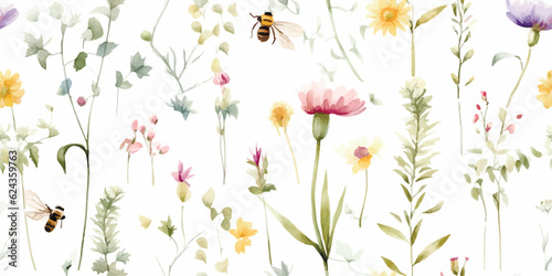 Delicate floral seamless pattern with abstract wildflowers, green branches, flying dragonflies and bumblebee, watercolor garden illustration on white background, print for wallpapers, textile, cover