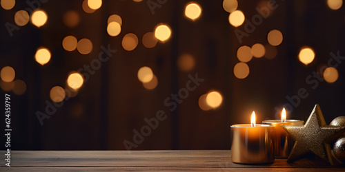 Lit diya on table against blurred lights, space for text. Diwali lamp. 