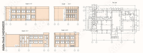 Engineering background. Abstract architectural plan of a building showing facades on four sides. Sketch of the building with dimensions in meters.