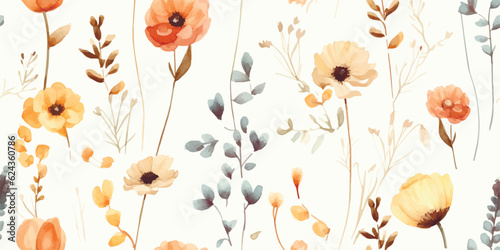 Floral autumn seamless pattern with flowers on stems. Watercolor print on ivory background in vintage style and pastel colors