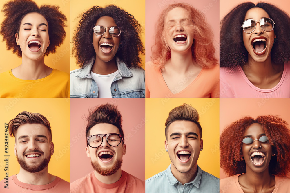 Collage of many happy smiling positive multicultural faces over colorful backgrounds, created with Generative AI. Collage of many happy smiling positive multicultural faces over colorful backgrounds, created with Generative AI.