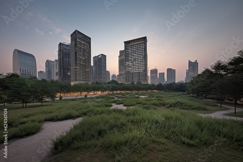 Concrete jungle, cityscape with towering skyscrapers dominating the frame while a small park or green space stands out as an oasis. Loss of green spaces due to urban sprawl. AI Generative