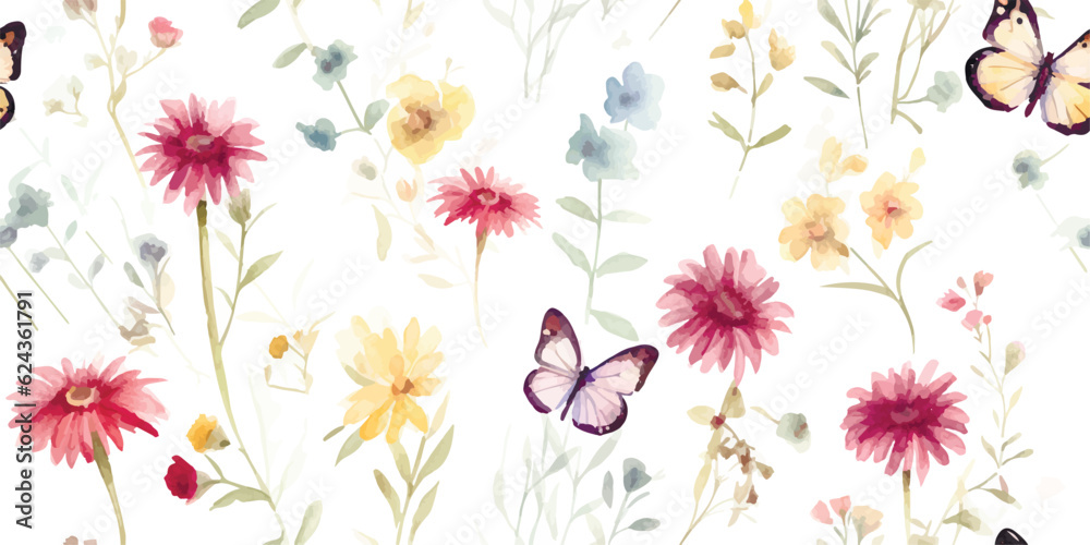 Floral pattern from wildflowers buds and butterflies, watercolor isolated illustration for textile, wallpapers or floral background