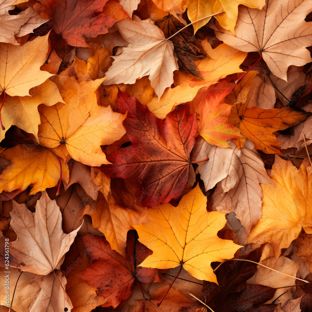 Fototapeta premium Red and orange autumn leaves background. Outdoor. Colorful backround image of fallen autumn leaves perfect for seasonal use. Generative AI technology
