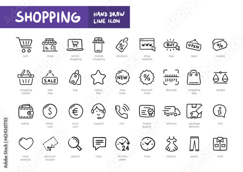 Shopping hand writting line web icon set. Outline icons collection. Simple vector illustration. E-commerce, delivery, payment.