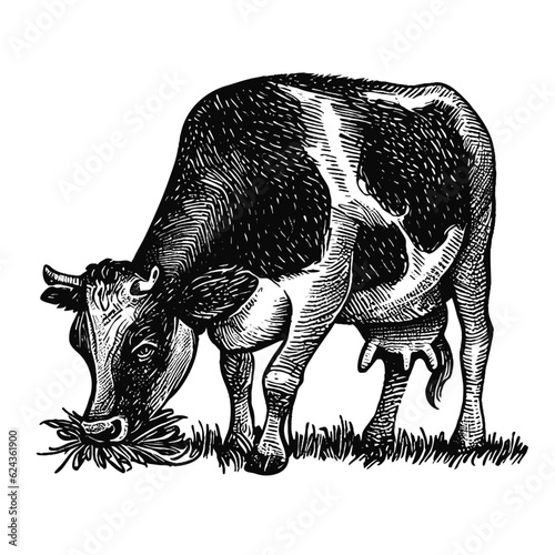 cow eating grass, grazing cow vintage sketch