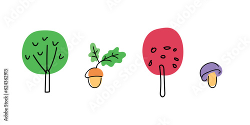 Set of trees, mushroom and acorn in a minimalistic style