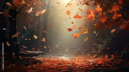 Autumn forest maple leaves fall on ground, background wallpaper,  Generative Ai