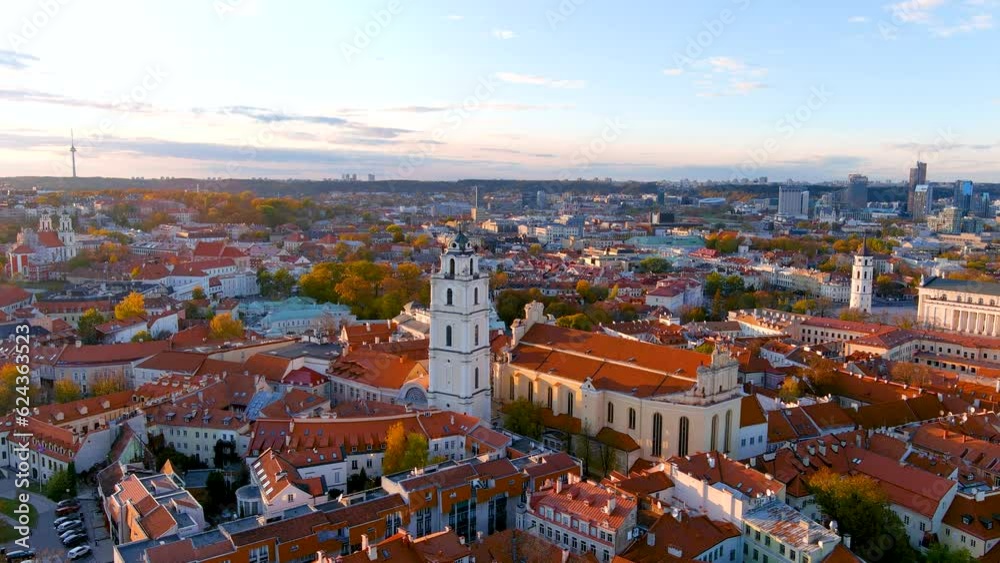 Beautiful aerial Vilnius city Old town panorama on sunny autumn evening