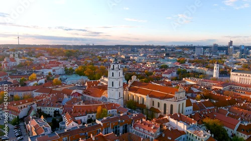 Beautiful aerial Vilnius city Old town panorama on sunny autumn evening photo