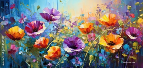 Fototapeta Naklejka Na Ścianę i Meble -  painting style illustration, beautiful flowers garden, Generative Ai