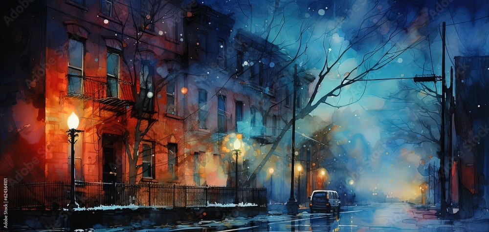 watercolor style illustration, old town city street during snow fall, wet cold and lonely feeling,  Generative Ai